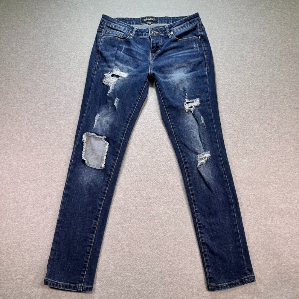 Grace In LA Jeans Womens 25 Blue Skinny Distressed Dark Wash Faded Ripped Denim